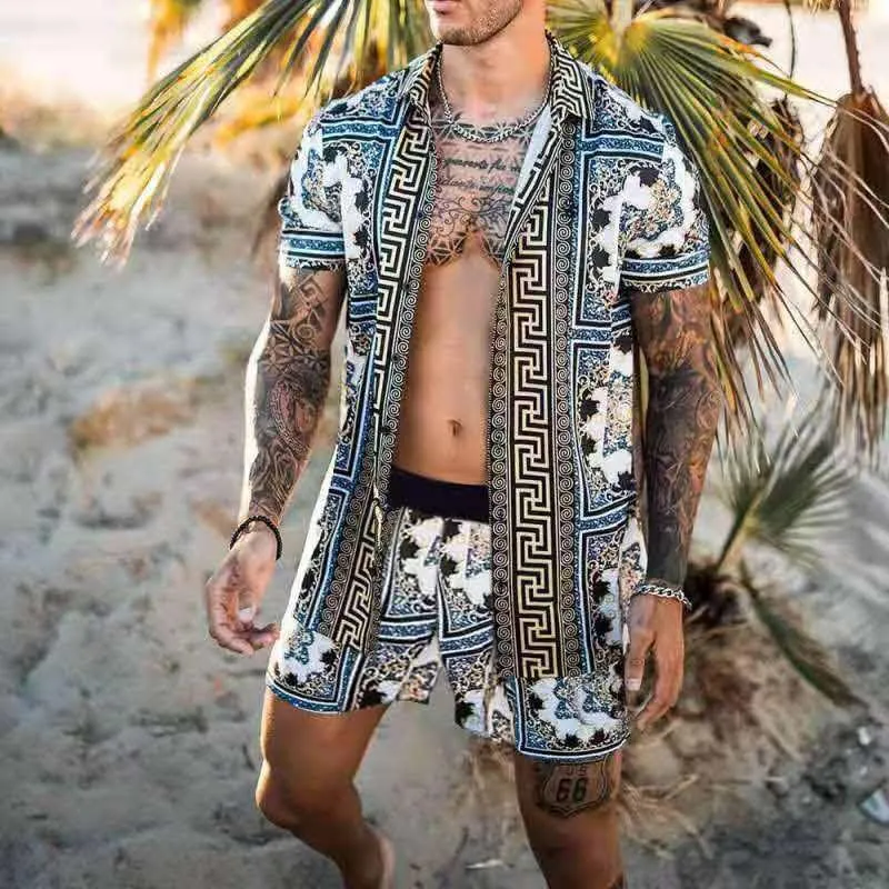 Мужские шорты с 2 частями гавайской рубашки + пляжная повседневная одежда 2022 Летняя цветочная свободная одежда для отдыха с коротким рукавом мужчина