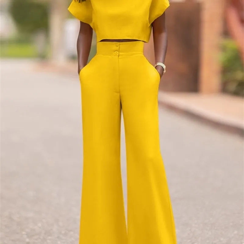 VONDA Women Pants Sets Female Casual Solid Color Round Neck Short Sleeve Tops High Waist Zipper Office Long Trousers W220331