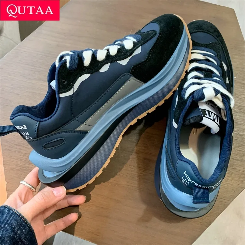 Qutaa Platform Cow Leather Women Women Sneakers Spring Mixed Color Round Toe Lace Up Fashion Ladies Shoes Size 35-39 220812