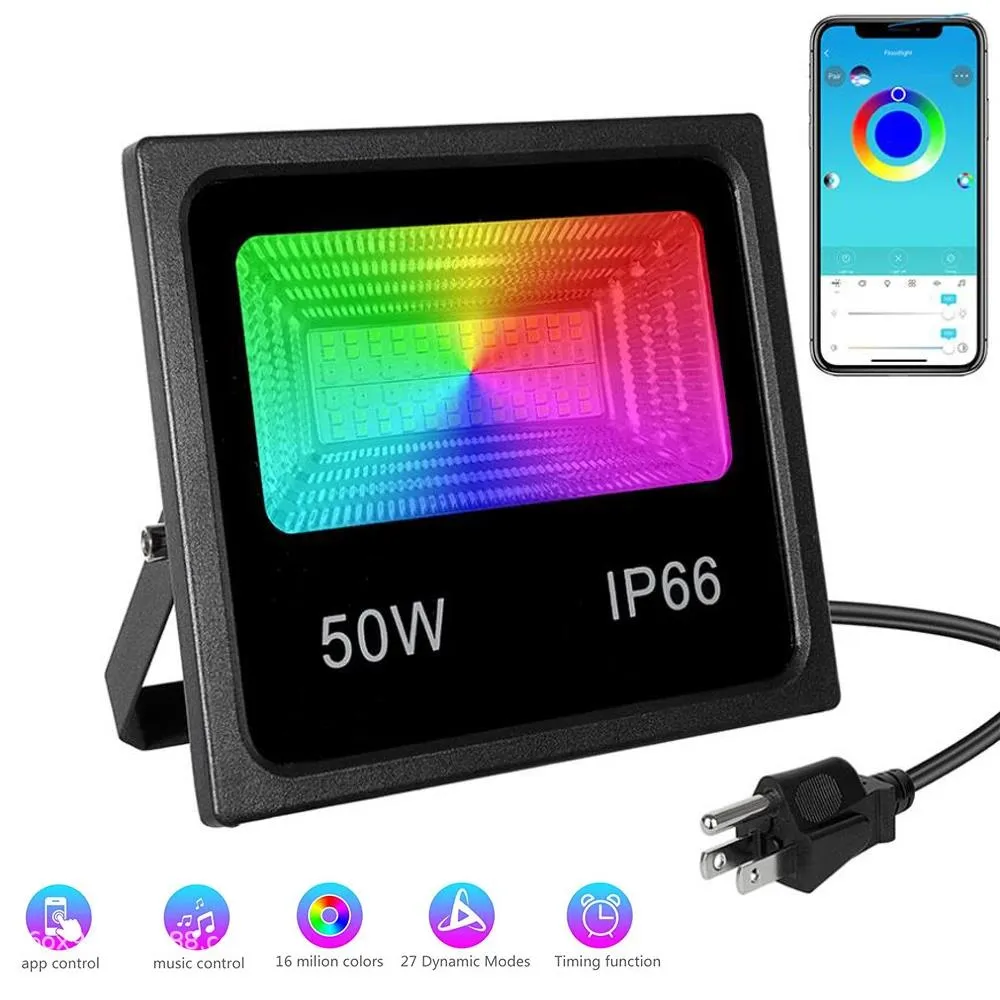 RGB LED Floodlight IP66 Waterdichte Smart Bluetooth App Control RGBW Spotlight 15/25W 50W 100W Flood Light Holiday Outdoor Stage Party Garden Lawn Landschap Verlichting