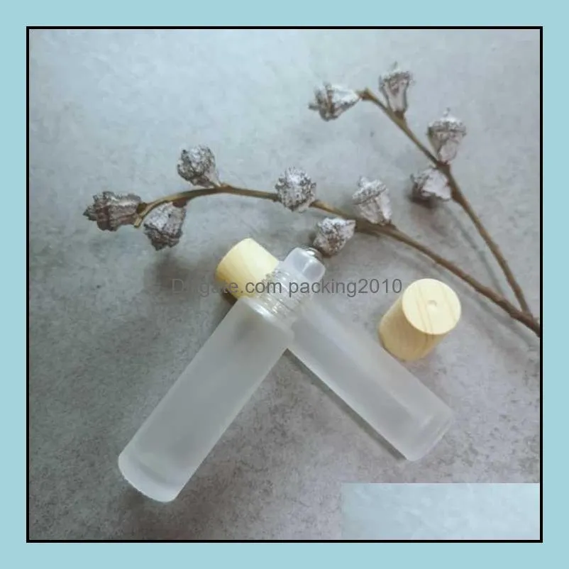 Frosted Clear Glass Roller Bottles Vials Containers with Metal Roller Ball and Wood Grain Plastic Cap for  Oil Perfume 5ml