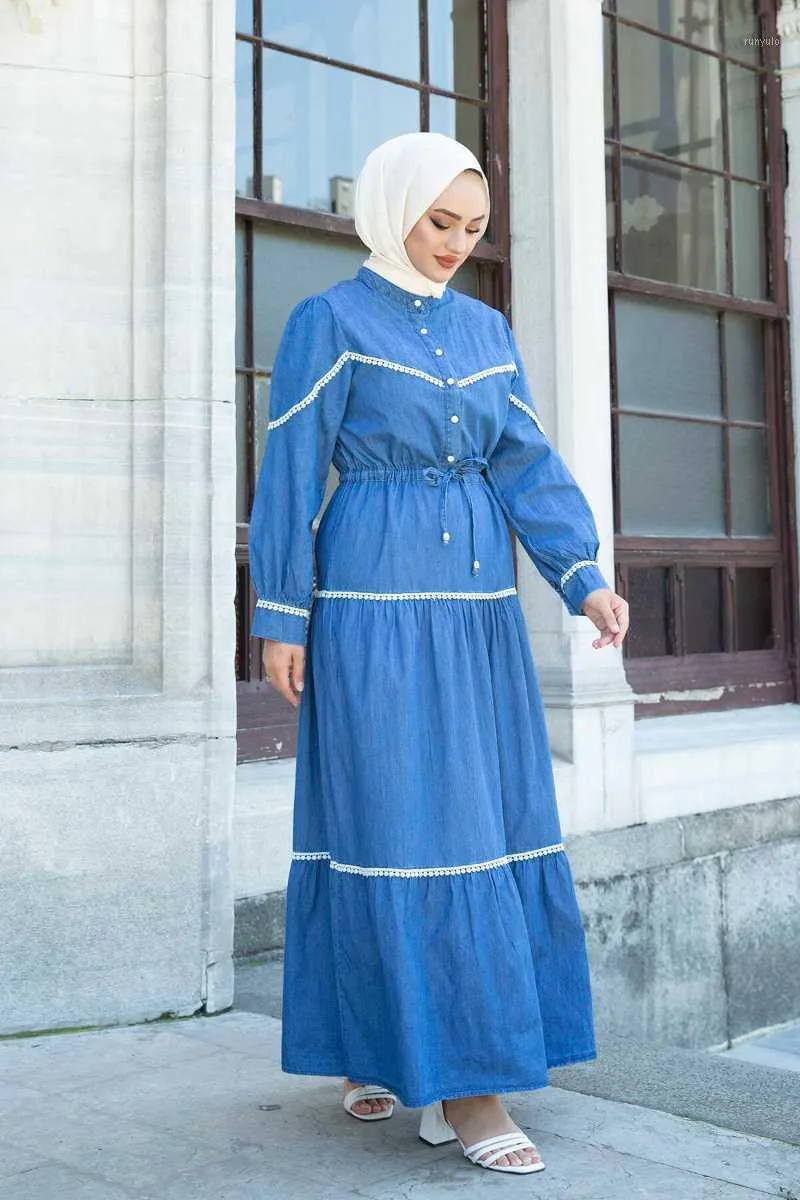 Etnisk klädtunnelbälte denim klänning kalkon muslimsk mode hijab islam dubai 2022
