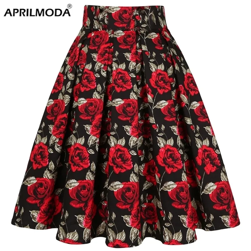 Cintura alta Floral Rockabilly Plissado Saias Vermelho Vermelho Rosa Flor Boho Saia Vintage Midi Plus Size 3XL Roupas 220322