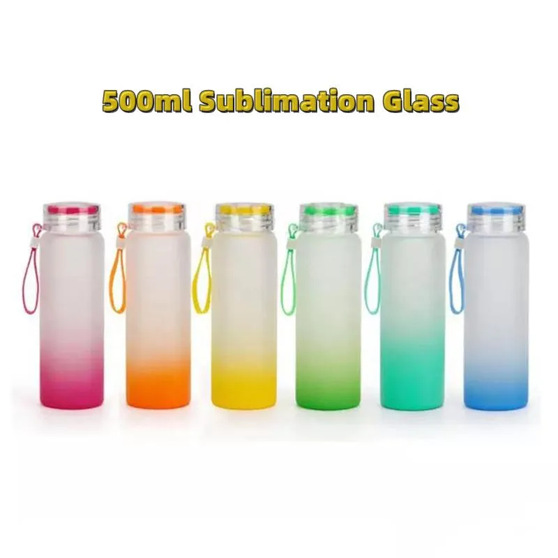 Bouteille d'eau en verre à Sublimation de 500ml, gobelets à transfert thermique de couleurs givrées avec couvercle