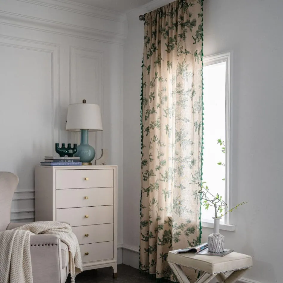 Vorhang aus fertigem Baumwoll-Leinen-Druck, türkisfarbene Vorhänge, halbschattierender Küchenvorhang, schwebendes Fenster