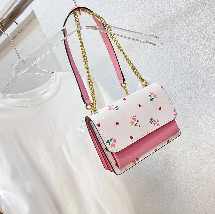 Fashion Pink-White Maiden Shoulder Bag Sweet Flower Printing Chain Bag Designer Women Advanced Atmosphere Leather Messenger Bags