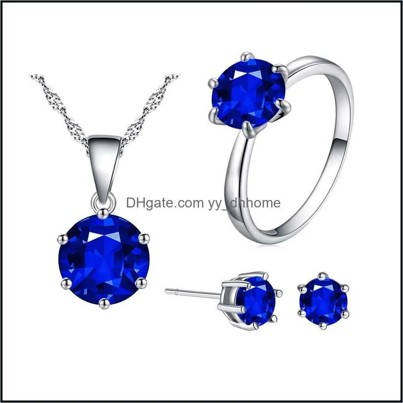 silver jewelry sets hot sale six claw crystal earrings pendants necklaces rings set for women girl gift fashion jewerly wholesale