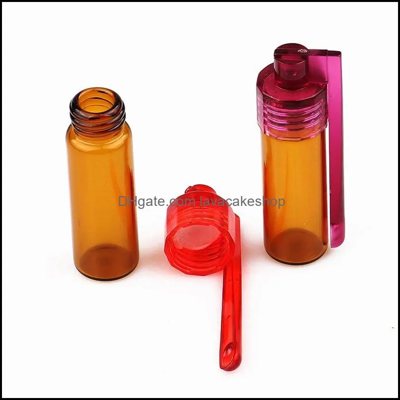 Colorful 36mm 51mm Travel Size Acrylic Plastic Bottle Snuff Snorter Dispenser Glass pill case Vial container box with spoon