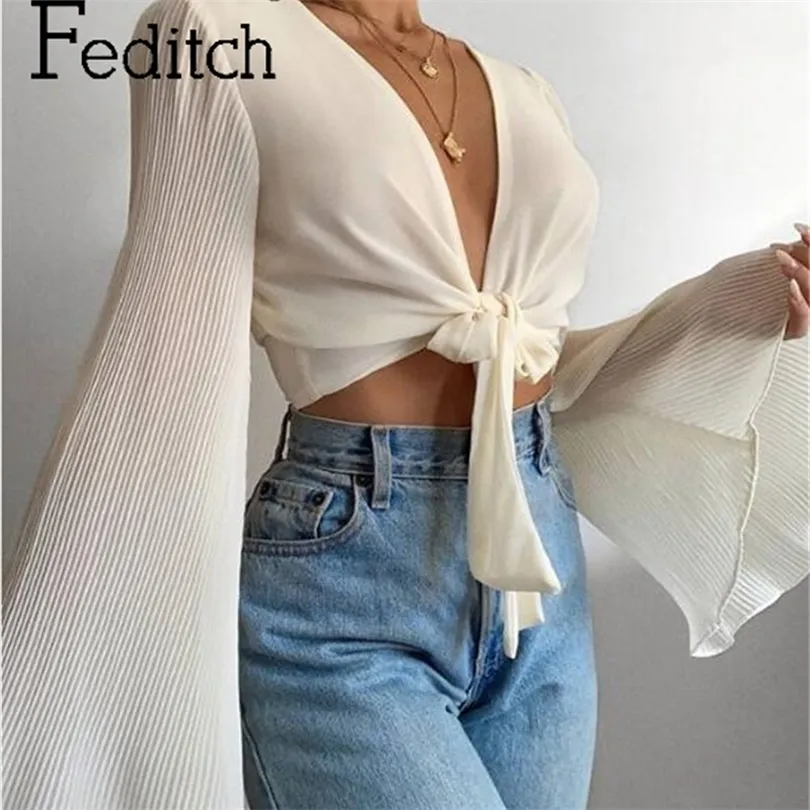 Feditch Mode Frauen Weiß Crop Top Rüschen Tiefem V-ausschnitt Tank Elegante Lange Flare Ärmeln Party Club Shirts Weibliche Streetwear T200803