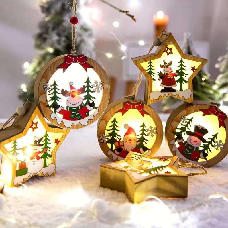 LED Light Christmas Tree Star Pingents Wooden Pingents Ornamentos Xmas Diy Wood Crafts Presente para crianças para casa Decorações de festa de Natal