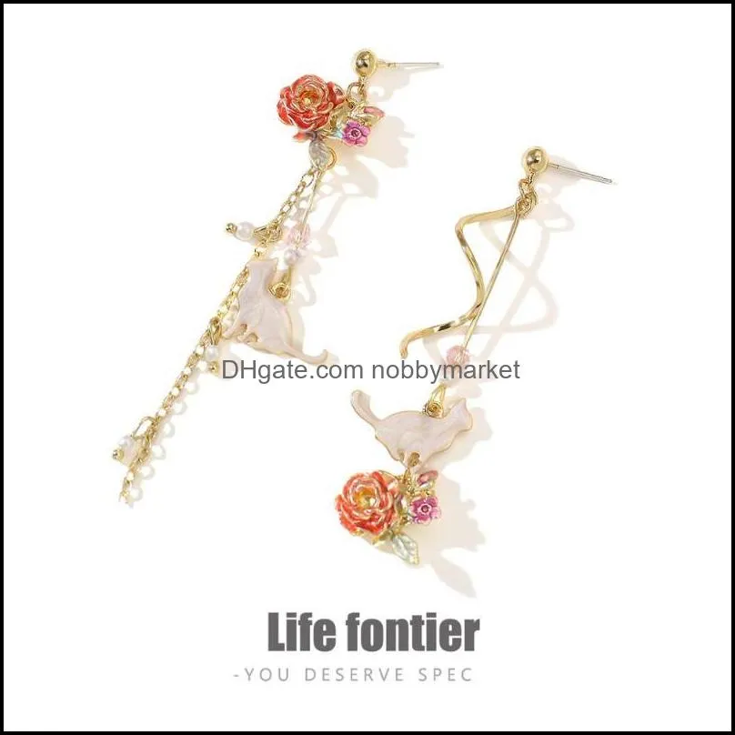 Dangle & Chandelier Lifefontier Exquisite Colorful Enamel Rose Drop Earrings For Women Asymmetric Shell Cat Charm Chain Tassels