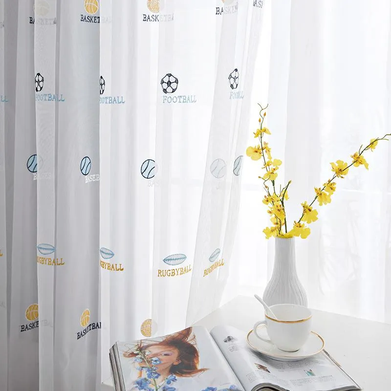 Rideau Tentures Blanc Football Tulle Rideaux Pour Garçon Enfants Chambre Salon Chambre Fenêtre Brodé Sheer Drapé Ready MadeCurtain