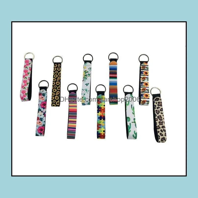 New Wristband Keychains Floral Printed Key Chain Neoprene Key Ring Wristlet Keychain for Promotion Gift 20 Designs