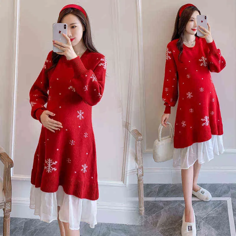 Knitted Maternity Dress Elasticity Autumn Pregnant Clothes Christmas Long Sleeve Maternity Gown Photography Photo Shoot G220309