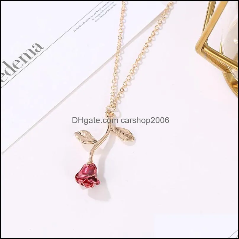 vintage delicate handmade alloy red rose flower pendant necklace beauty colorful charm valentine gifts women fashion jewelry wholesale