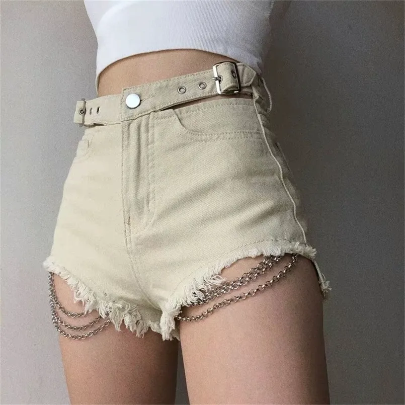 Denim Shorts Krótkie dżinsy Khaki szeroka noga elastyczna talia Vintage High talia Kobieta Summer Zippers Denim krótkie spodnie 220419