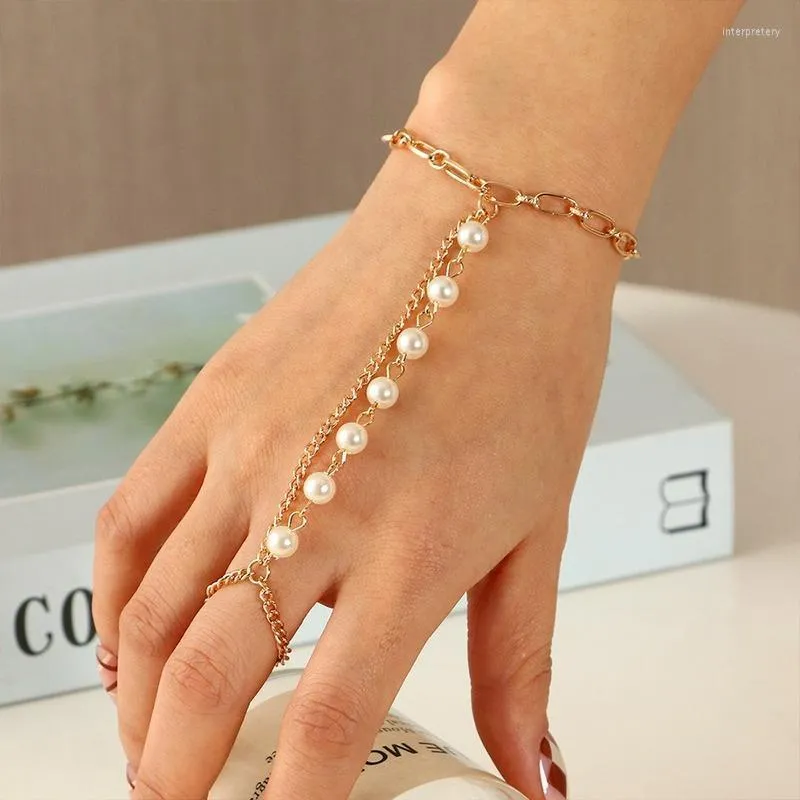 Catena a maglie Bracciale con perle di Boemia Braccialetti con ciondoli per gioielli con dita a mano in metallo dorato di lusso da donna Moda per feste femminili Inte22