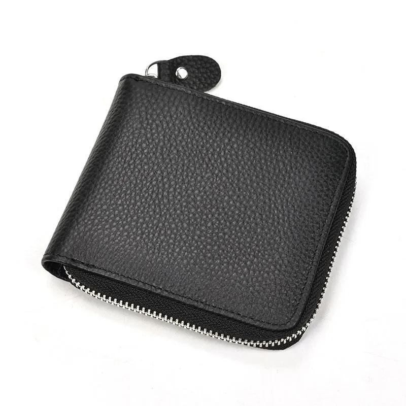 Wallets Black Soft Genuine Leather Short Wallet Zip Card Purse With Coin Po Pocket Men Women Male Female WalletWallets