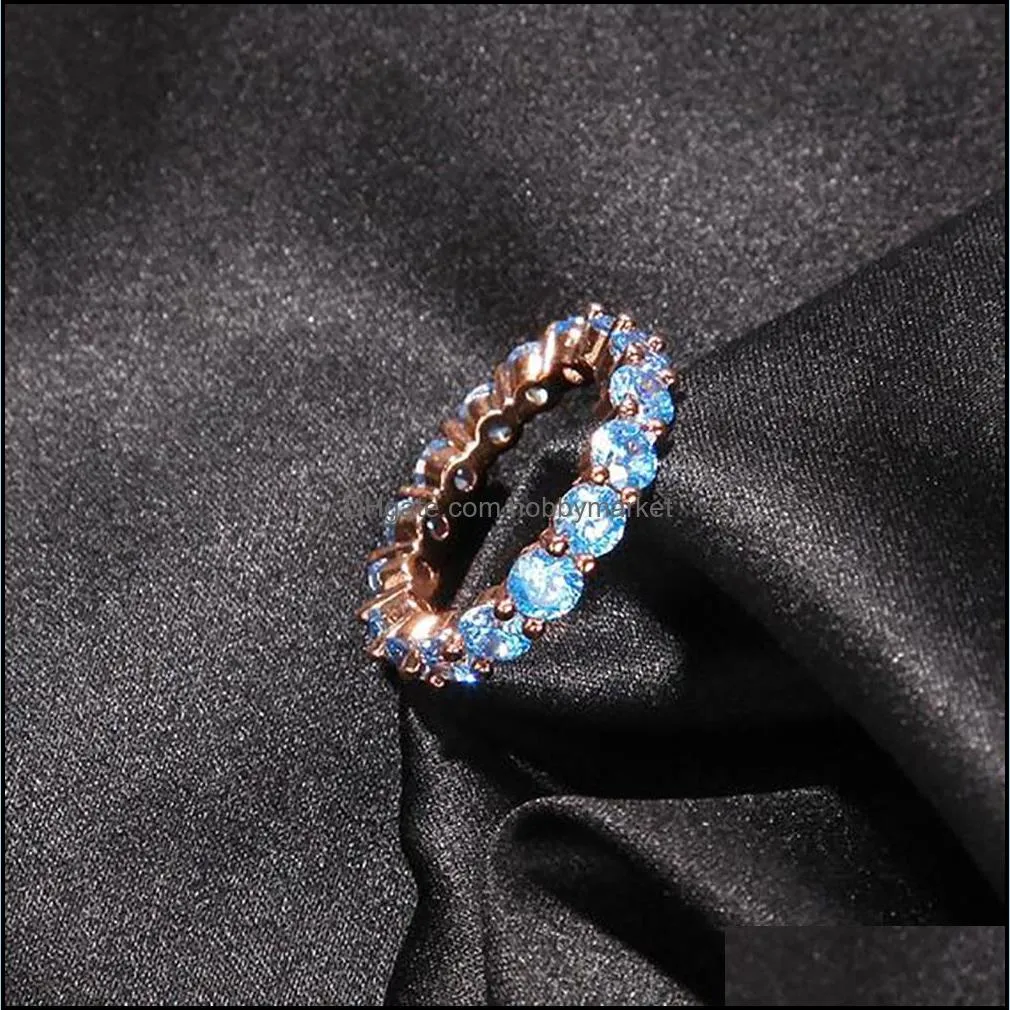 1Row Blue Stone CZ Cubic Zirconia Ring for Men Women Simulated Diamonds Micro Pave Hiphop Jewelry US Size5-9