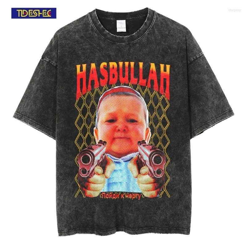 Men's Men Washed Tees Oversize Hasbulla Graphic Distressed T-Shirt Streetwear Hip Hop Vintage Tshirt Harajuku Cotton TopsMen's