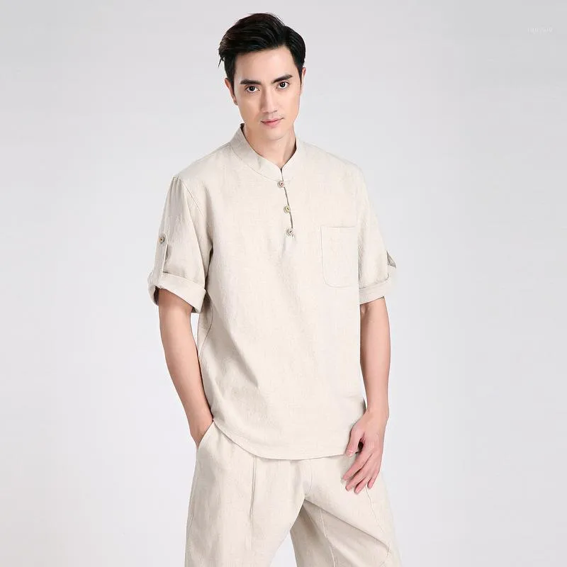 Summer Fashion Beige Tradition Chinese Men's Cotton Linen Kung-Fu Short Sleeve Shirt Tang Suit M L XL XXL XXXL 2606 Casual Shirts
