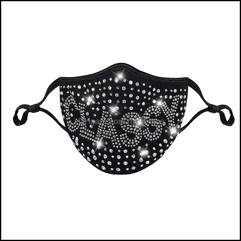 diamond face mask with drill classic black QUEEN SEXY LOVE KING BOSS cotton masks women girls dustproof PM 2.5 filter rhinestone