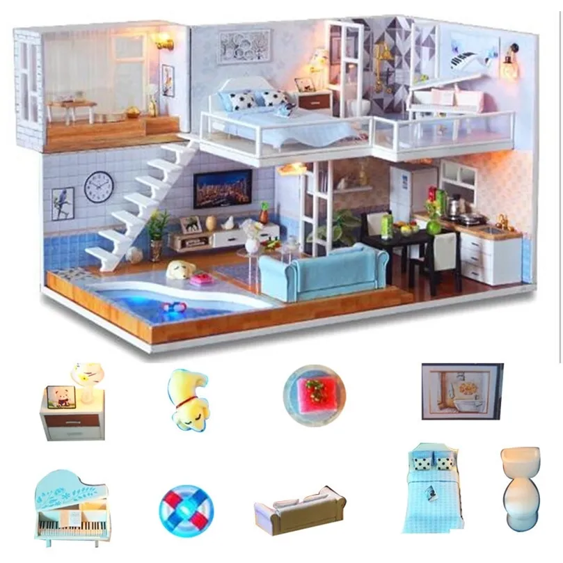 Doll House Furniture Diy Miniature Wooden house Miniaturas Dollhouse Toys For Children Birthday Gifts Assembly Toys LJ201126