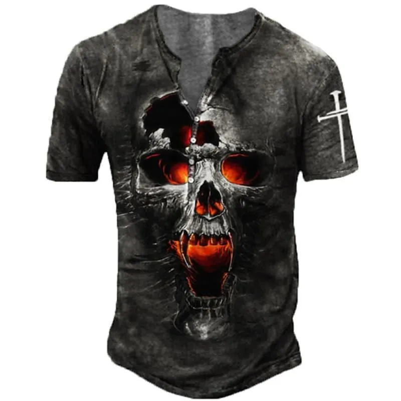 Men's T-Shirts Men's Imitation Cotton V Neck With Buttons Summer Streetwear Skull Print Skeleton Loose Short Sleeve Oversized T ShirtsMe