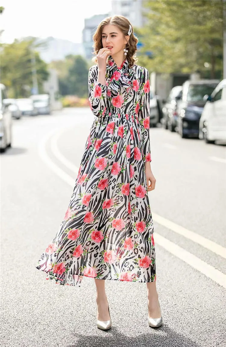 Printed Maxi Dress with Sleeves Floor-Length Polyester Crew Neck Casual  A-Line Dress for Autumn