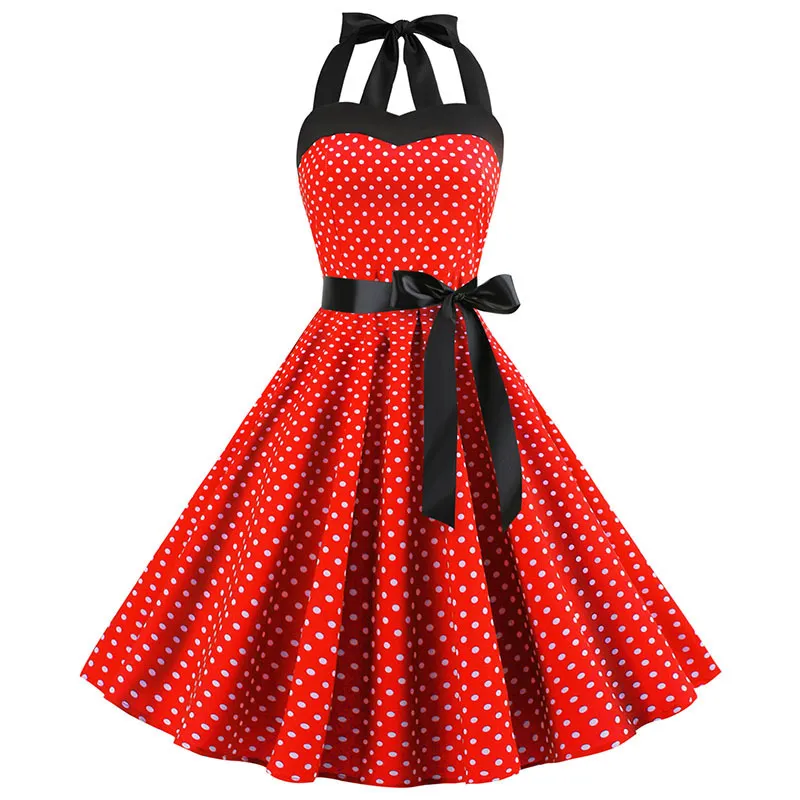 Women's 1950s Vintage Polka Dot Halter Swing Dress - Retro Rockabilly Cocktail Tea Party Dress, Audrey Hepburn Style, Blue Halter Medium
