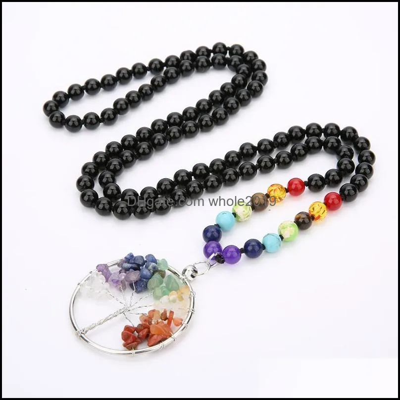 pendant necklaces oaiite 7 chakra natural stone hand knotted necklace black onyx beads mala yoga spiritual jewelry with tree of life