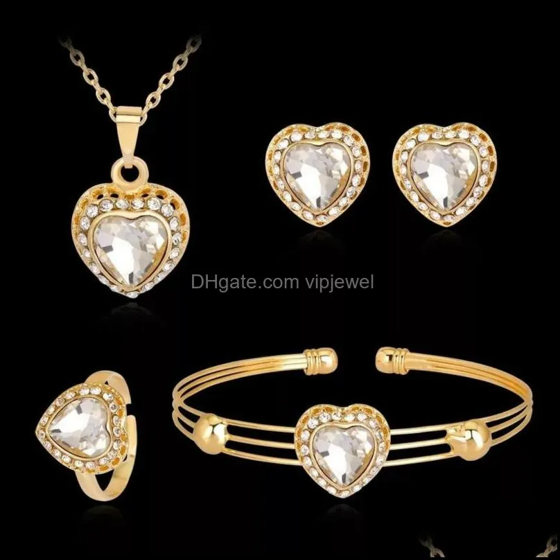 New Cute Heart Shaped Neclace Earrings Sets Jewelry Crystal Kid Children Lovely Gold Color Jewelry Sets for Girl Gift