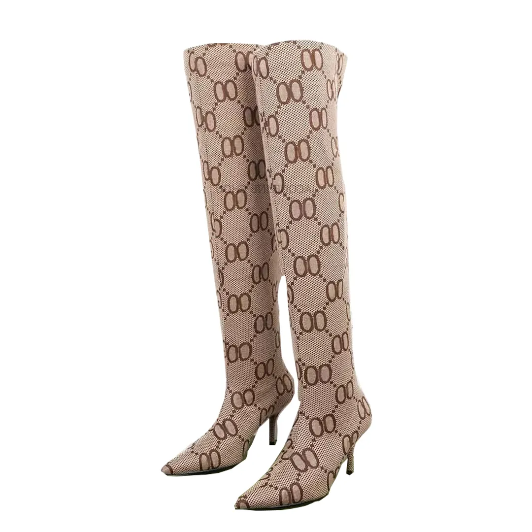 Elastische dijhoge laarzen luxueuze designer laars voor vrouw puntige teen 8 cm dunne hakken winter vrouwelijke schoenen met doos EU42