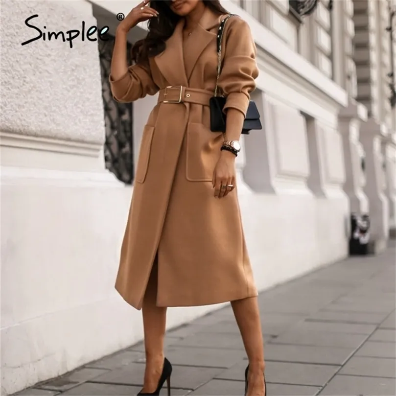 オフィスレディキャメル秋の女性ウールコートハイストリートファッション長袖コートベルト付きエレガントなポケットアウトウェア20122222