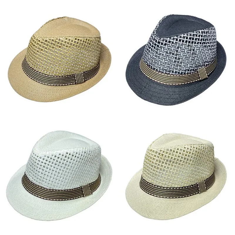 Cappello da uomo in paglia di paglia Cappello estivo da sole Cappelli a tesa piccola Uomo Jazz Cappello a cilindro da uomo Cappelli da spiaggia per vacanze Moda Casual Cappelli da viaggio all'aperto Papà Cappello di protezione solare all'ingrosso