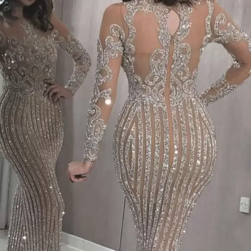 Один PCS великолепные длинные рукава высокие шеи русалки вечерние платья, видят сквозь кружевные платья выпускного вечера арабские платья знаменитостей