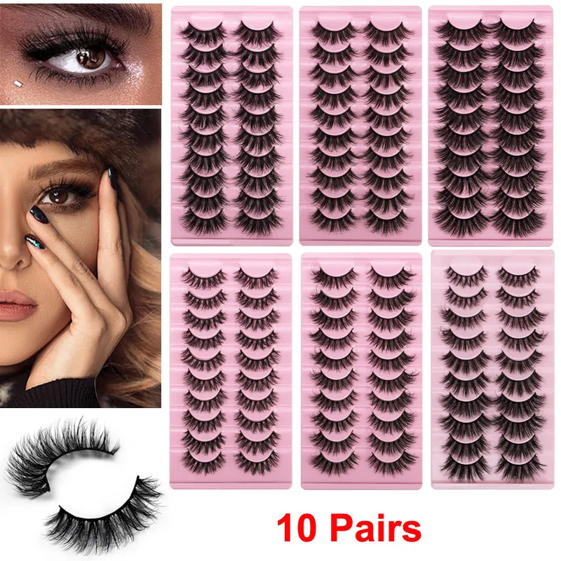 False Eyelashes Natural Fluffy Faux Mink Lashes Curly Crossing Wispy 3D 6D Effect Soft Cat Eye lashes Handmade 10 Pairs Pack