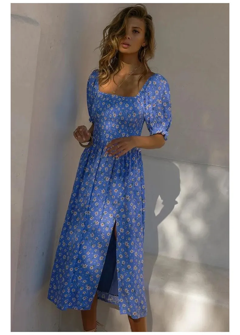 Elegant Puff Sleeve Floral Midi Dress: Summer V Neck French
