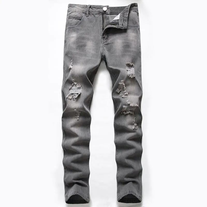 Grey Cotton Ripped Jeans For Men Hip Hop Cowboy Trousers