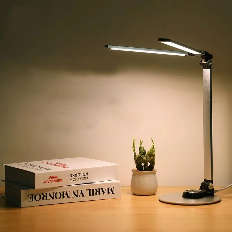 Tischlampen LED-Mode-Schreibtischlampe mit zwei RA95 56-Glühbirnen, stufenloses Dimmen, Augenschutz, Touch-Steuerung, zusammenklappbarer Lampentisch
