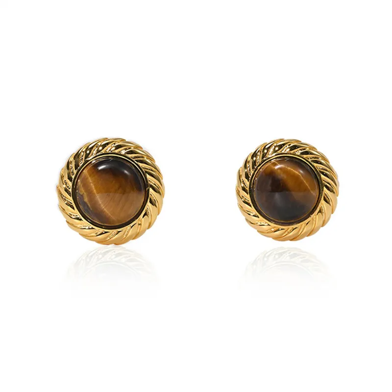 French Retro Metal Tiger Eye Stone Round Stud Earrings Female Niche Design High-End Simple Fashion All-Match Jewelry Gift Accessories
