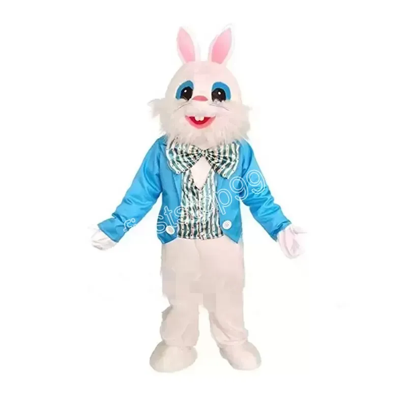 Costume della mascotte del coniglio della maglia blu di alta qualità Abiti del personaggio dei cartoni animati di Natale di Halloween Vestito Volantini pubblicitari Abbigliamento