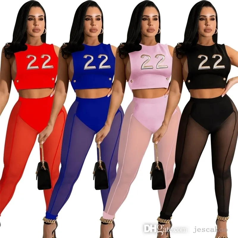 Summer Women Dwuczęściowe spodnie 2022 Odzież projektantów Seksowne drukowane topy czołowe Sheer Mesh Leggings Outfits żeńskie dresowe