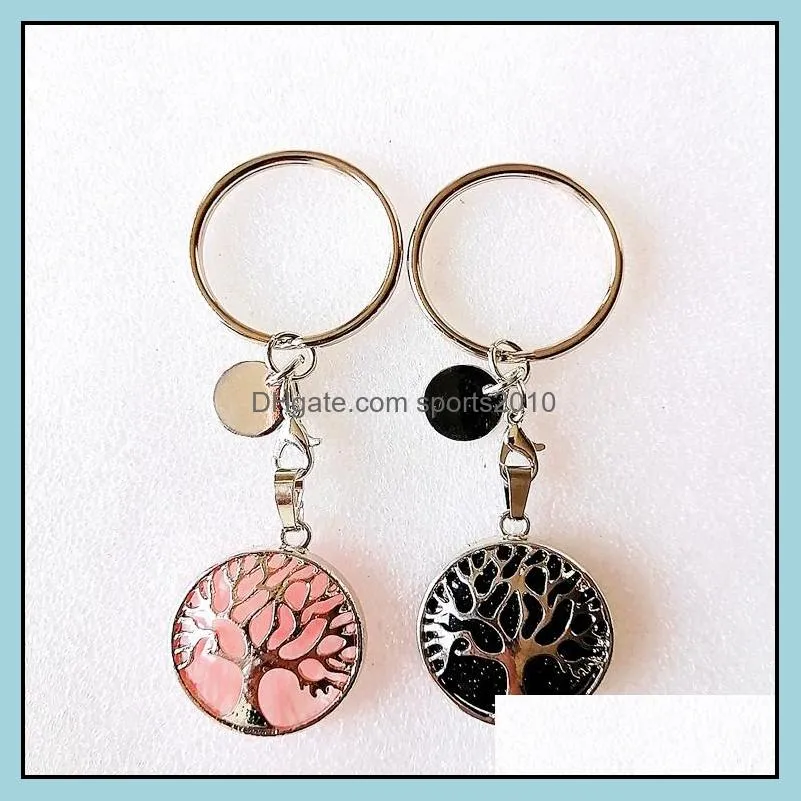 tree of life reiki healing natural stone keychains chakra amethyst pink rose crystal key rings women men jewelry sports2010