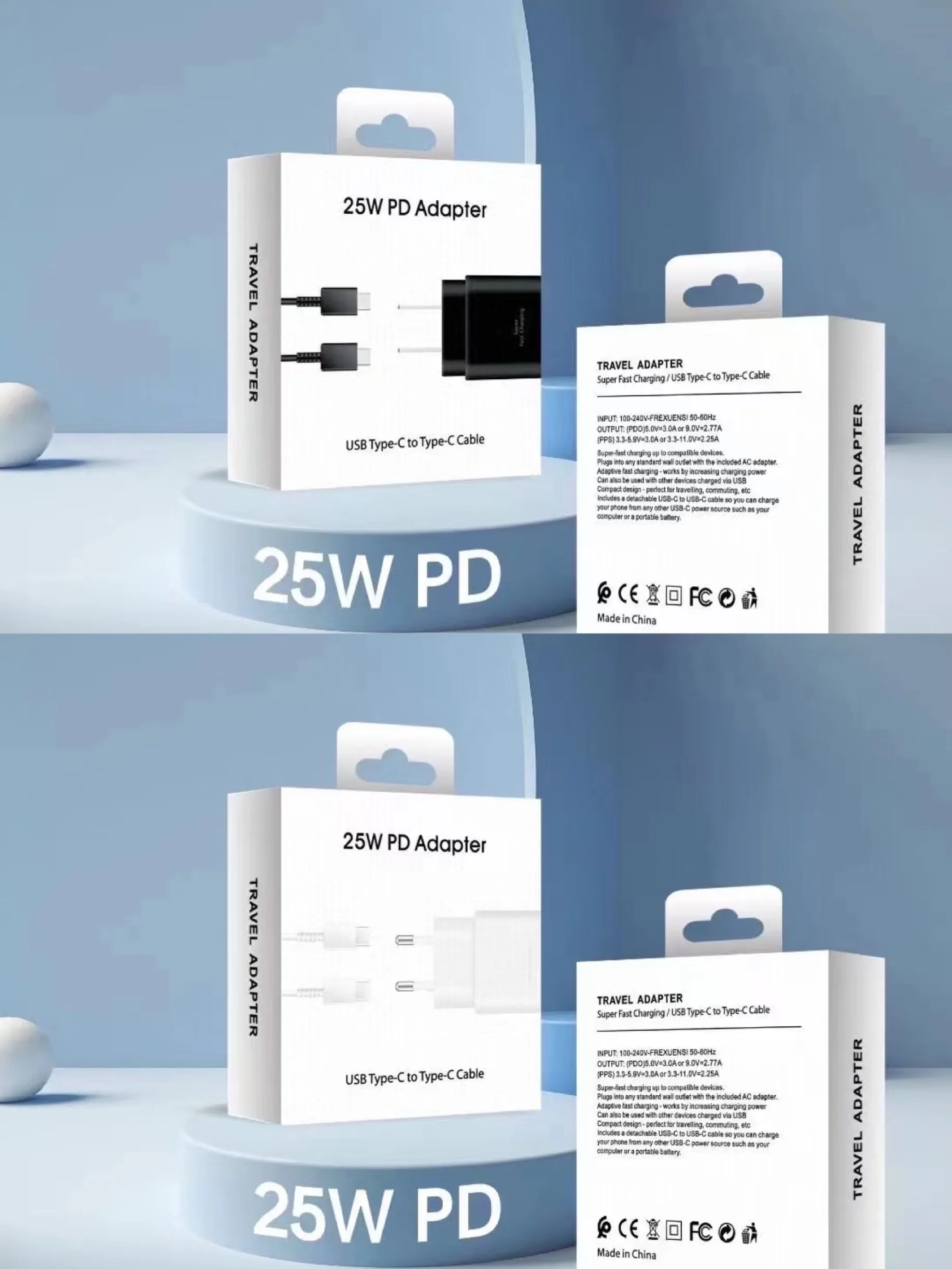 Adaptateurs muraux 25W Chargeur avec câble de type C pour Samsung Adaptateur de charge ultra rapide Prise UL EU avec boîte d'emballage