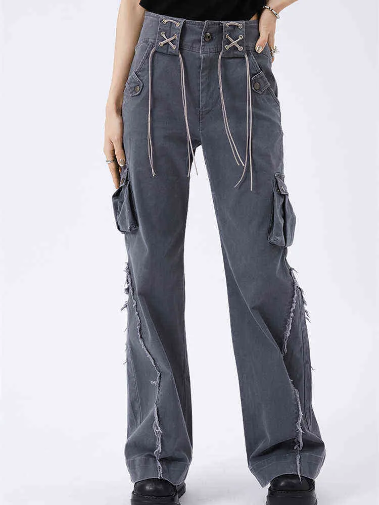 Couture bord brut gris jean femmes été américain rétro conception ample taille haute droite jambe large Micro pantalon évasé femme L220726