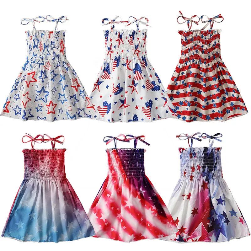 Independence Day Dress Girls Sleeveless Ribbed Stripes Stars Printed Kids Dresses Summer 4th Of July Outfits