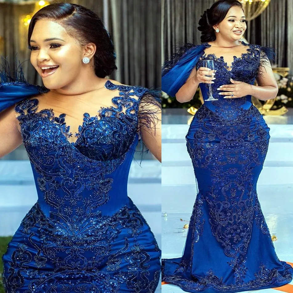 2022 plus size arabic aso ebi royal azul sereia baile vestidos de renda de renda à noite festa formal em segunda recepção vestidos de noivado de aniversário ZJ788