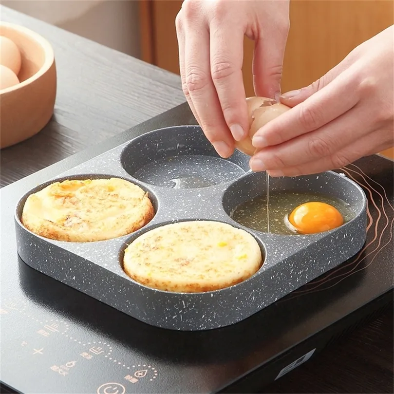 4 Holes Egg Frying Pan Multifunction Hamburger Steak Non Stick Pan High Quality Wooden Handle Cooking Pan Cooking Utensils 220423