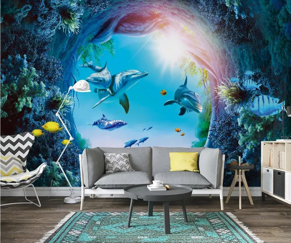 Custom wallpaper 3D underwater world dolphin background wall painting art decorative painting